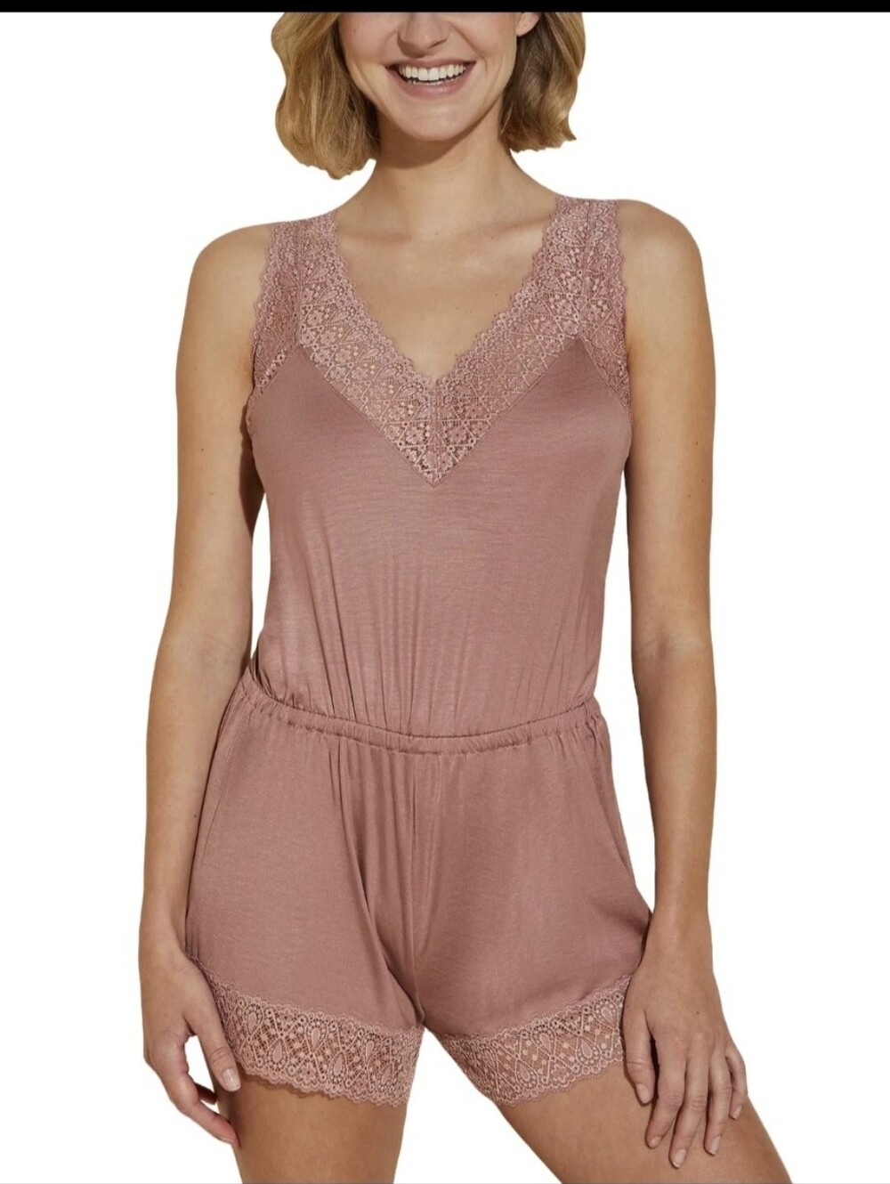 Cosabella dusty pink modal with floral lace trim romper plunge v neck